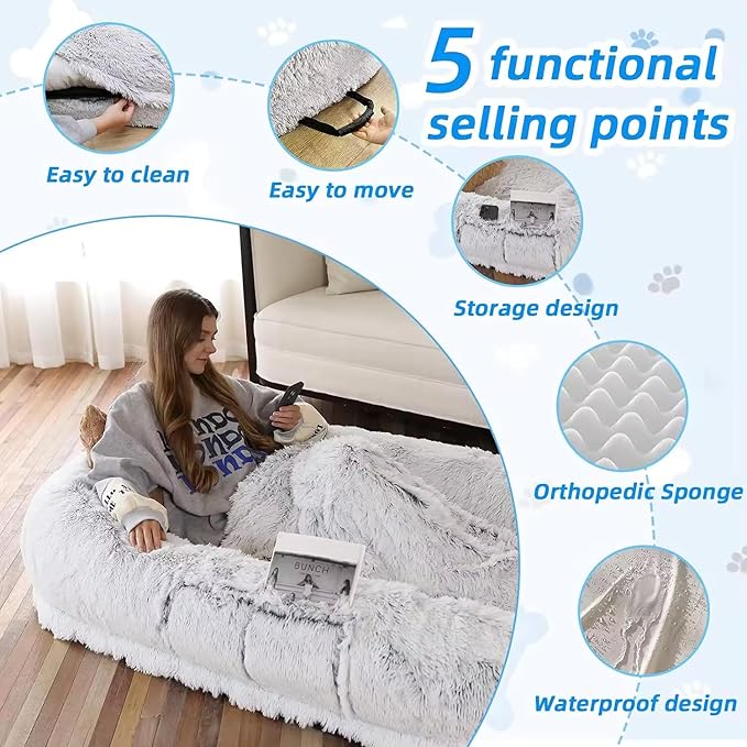 Human Dog Bed for Adults, 71"x45"x14" Giant Fluffy Dog Bed for Humans, Washable Faux Fur Napping Bed, Orthopedic Human Pet Bed with Non-Slip Bottom