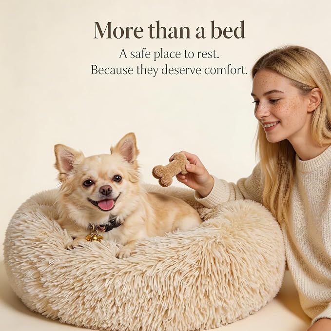 Calming Donut Dogs Beds for Small Dogs Washable,19inch Fluffy Round Puppy Bed for Puppies,Cats & Toy Breeds with Raised Rim,Fits up to 15 lbs Pets,Beige