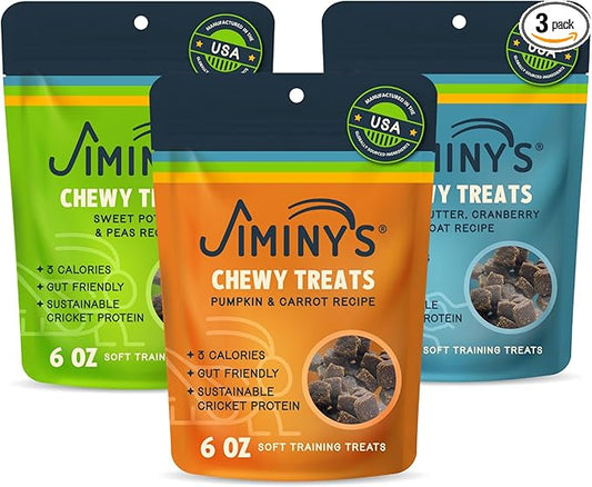 Jiminy's Chewy Cricket Dog Training Treats, Low Calorie, Hypoallergenic, Made in USA, 6oz, Variety Pack (Pack of 3)