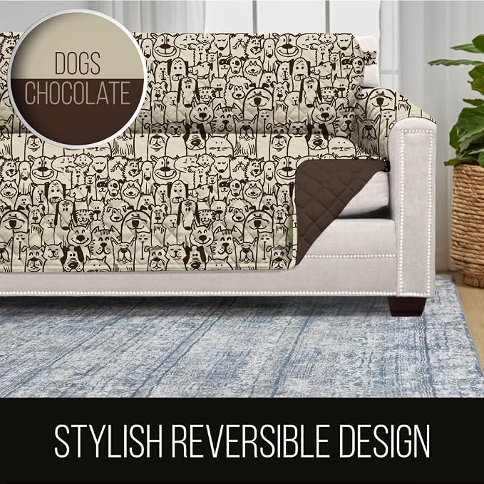 Sofa Shield® Couch Slip Covers for Dogs, Reversible Furniture Protector with Strap, Stain and Tear Resistant Cushion Cover, 78 inch Seat, Machine Washable Slipcover Pets, Cats, Chocolate Dog Print