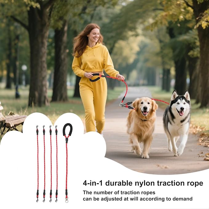 4 Way Dog Leashes,No Tangle Medium Small Dog Walking Leash,Nylon Pet Leash for 1 to 4 Dogs Outdoor Walking (Red)