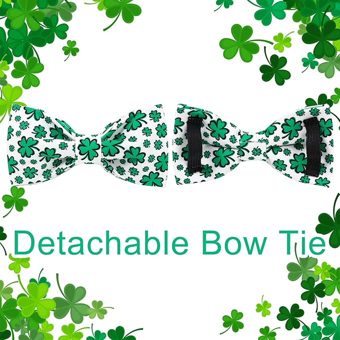 St. Patrick's Day Dog Collar with Bow Tie, Spring Shamrock Bowtie Collar for Girl Boy Dog, Lucky Clover Dog Collar with Metal Buckle, Green Collar for Dogs, S