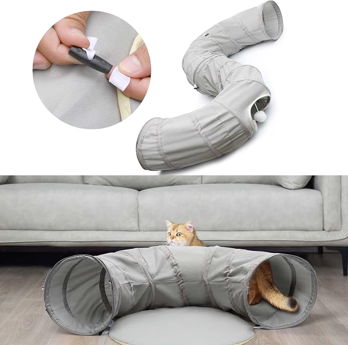 AUOON Cat Tunnel Bed for Indoor Cats - Large Cat Donut Tunnel with Hanging Ball Toy, Collapsible 2-in-1 Multifunctional Interactive Cat Toy for Kitten, Puppy, Rabbit, Ferret (Light Grey)