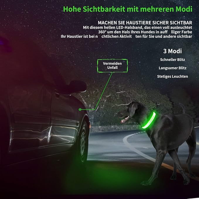 Light Up Dog Collar, Rechargeable USB Collar, Waterproof, Luminous LED Collar, Adjustable, Super Bright, Night Walking for Small Medium Large Dogs, Green, M