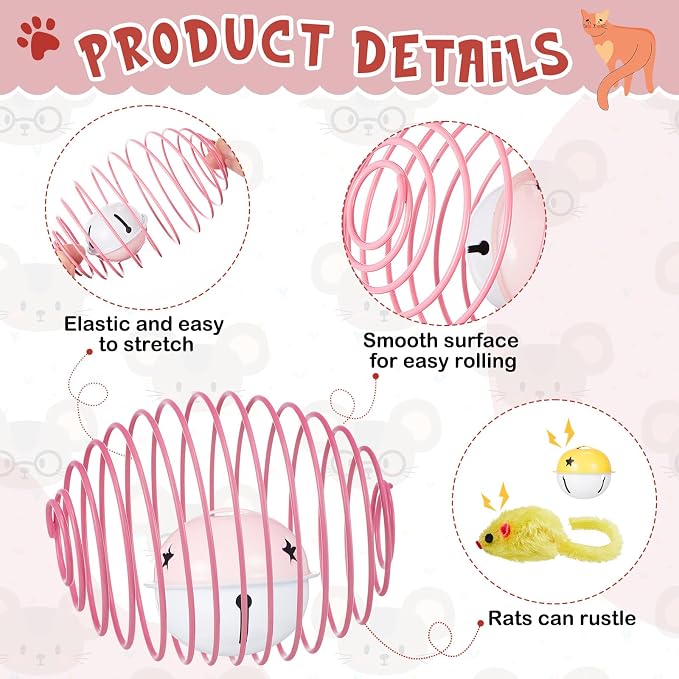 Jecery Cat Spring Balls Toys Stretchable Rolling Balls Colorful Playful Coils Interactive Action Toy Caged Rats for Kitten Pet Supplies (Mouse and Bell,Multicolor,5 Pcs)