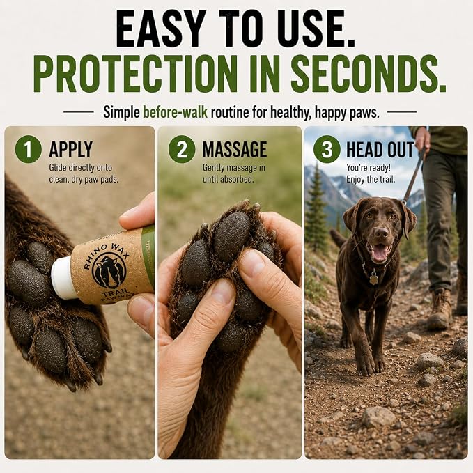 Rhino Wax - Dog Paw Trail Wax 2oz - Use Before Taking Dogs on a Hike - Balm Helps Protect Against Rocks, Uneven Terrain, Thorns, Glass - Moisturizes and Improves Elasticity - Lick-Safe - Made in USA