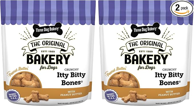 Three Dog Bakery Itty Bitty Bones Peanut Butter Dog Treats,32oz - Crunchy Bones for-Dog Training Treats,Real Peanut Butter Puppy Training-Treats,Dog-Bakery-Treats,(Pack of 2)