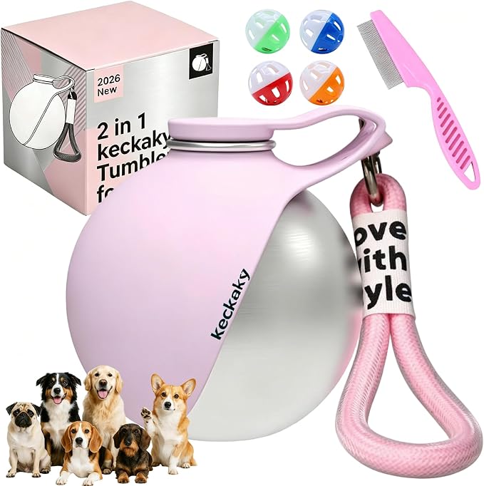 2 in 1 Portable Dog Water Bottle, 2026 New 10oz Spherical Stainless Steel Pet Bottle with Silicone Foldable Bowl, No-Spill Leak-Proof Design, Dog Water Bottle for Walking, Hiking, Travel (Pink)