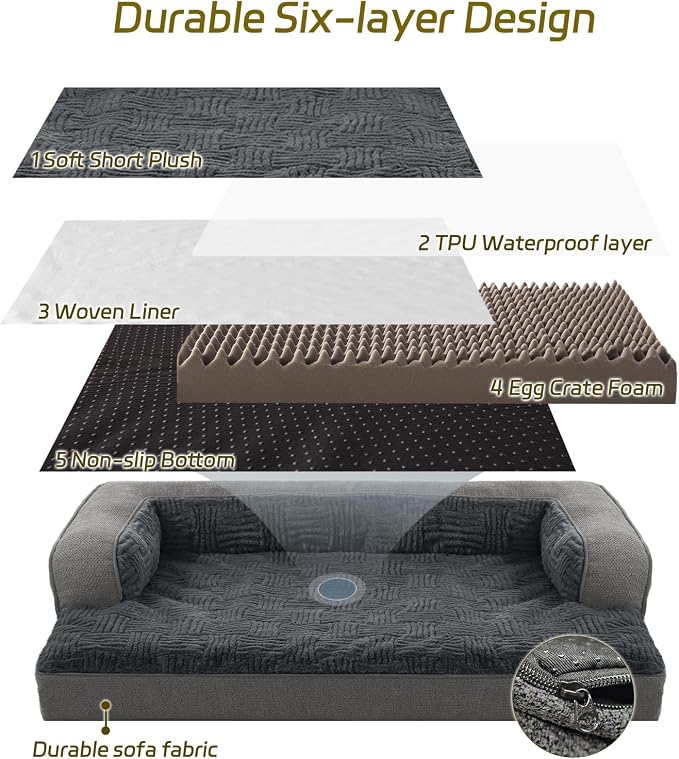 Orthopedic Dog Beds for Large Dogs, Waterproof Memory Foam Large Pet Bed with Sides, Non-Slip Bottom and Egg-Crate Foam Dog Couch Bed with Washable Removable Cover, Gray