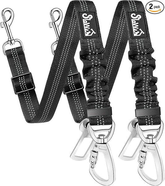 SlowTon Dog Seatbelt, 2 Pack Dog Seat Belt Car Leash Adjustable Elastic Bungee Buffer Heavy Duty Nylon Reflective Pet Safety Tether Connect to Dog Harness for Travel Riding in Vehicle (Daul Clip, B)