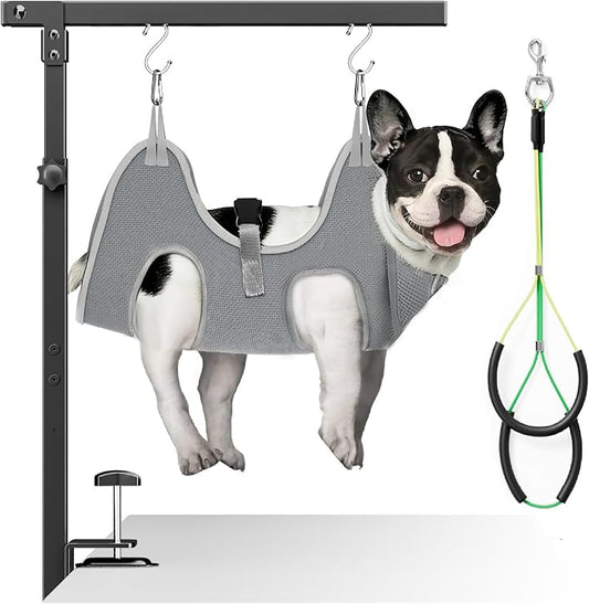 Adjustable Dog Grooming Arm with Clamp, 26″–40″ Height, S Hammock with Back Buckle, No-Sit Grooming Restraint for Small & Medium Dogs