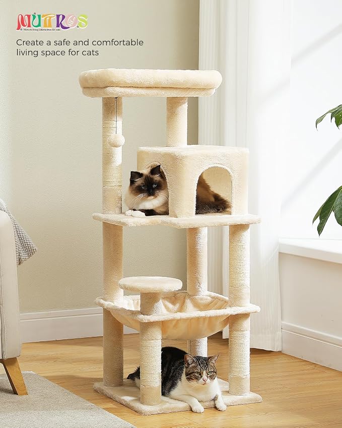 MUTTROS Cat Tree for Indoor Cats, 45.7" Multi-Level Cat Tower with Large Metal Frame Hammock, Cat Condo with 4 Scratching Posts and Top Perch for Small Medium Cat, Beige