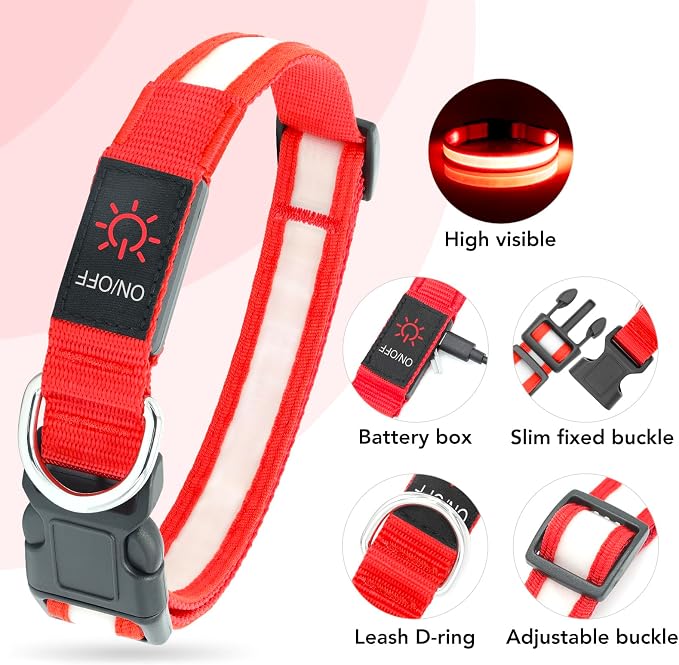 Vizpet LED Dog Collar, Light Up Dog Collar Adjustable USB Rechargeable Super Bright Safety Light Glowing Collars for Dogs(X-Large,Red)