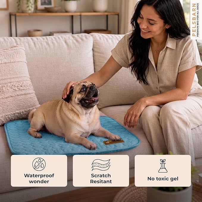 Pelsbarn Dog Cooling Mat- Ice Silk Summer Comfort, Self Cooling, Non-Slip Dog Pad, Durable & Washable, Mat for Small Dogs 18 x 21, Support Shelter Dogs with Every Purchase (Blue)