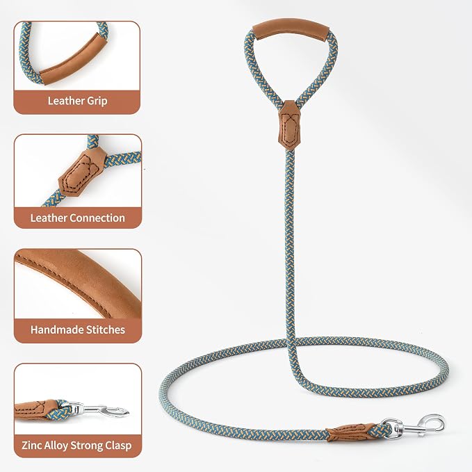 Mile High Life Leather Dog Leash, Heavy Duty Strong Genuine Leather Handle Rope Leash Soft and Comfortable for Small Medium Large Dogs (Peacock Blue, 48 Inch)