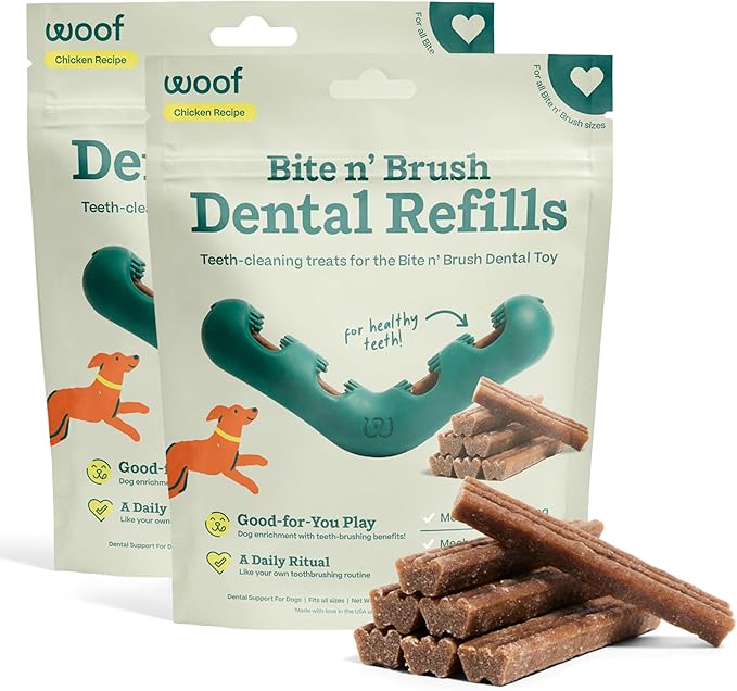 WOOF - Bite n' Brush Refills Treats for the Dog Toothbrush Toy - Scrub Plaque and Tartar from Your Dog's Teeth and Mouth - Dog Dental Sticks - 36 Refills - Chicken - 2 Pack