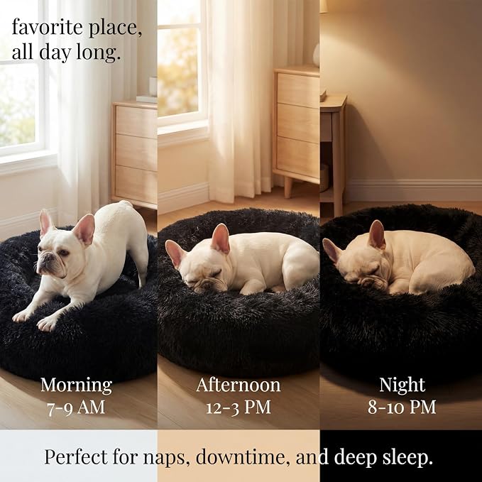 Calming Donut Dogs Beds for Medium Dogs up to 45 lb,30inch Anti-Slip Plush Round Dog Bed with Raised Rim,Fluffy Faux Fur Pet Bed for Cozy Sleep,Black