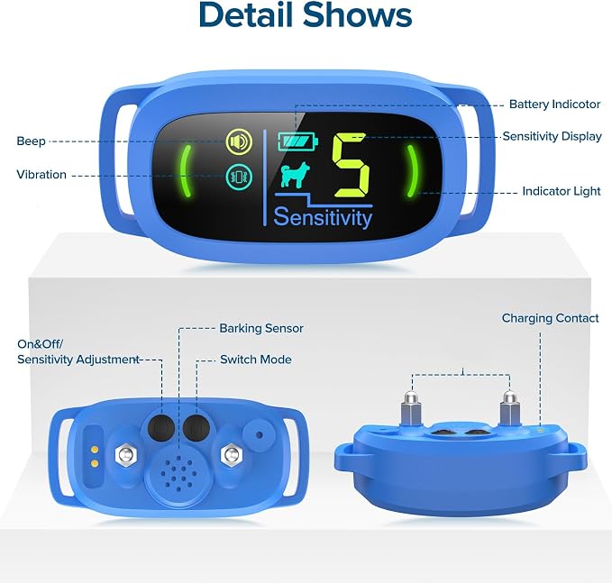 FAFAFROG Dog Bark Collar, Rechargeable Smart Collar, Anti Barking Training Collar with 5 Adjustable Sensitivity Beep Vibration, Bark Collar for Large Medium Small Dogs (Blue)