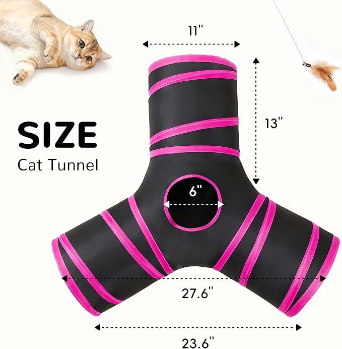 Tempcore Cat Tunnel for Indoor Cats, 3 Way Collapsible Pet Play Tunnel with Teaser Wand, Peek Holes & Hanging Ball, Interactive Tube for Kittens & Rabbits, Black & Rose Red