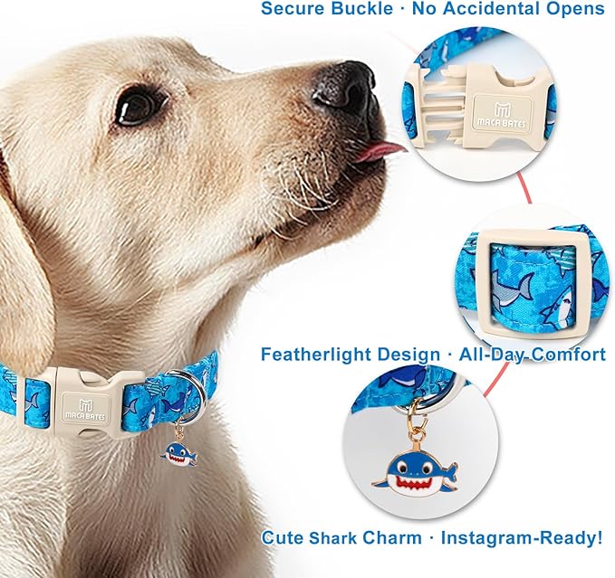 Maca Bates Summer Shark Basic Dog Collar Beach Puppy Collars for Large Dogs Adjustable Durable Soft Comfortable Blue Sharks for Boy Girl Male Female Pet with White Safety Buckle
