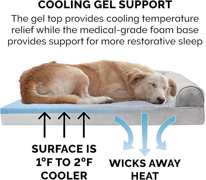 Furhaven Cooling Gel Dog Bed for Large Dogs w/ Removable Bolsters & Washable Cover, For Dogs Up to 125 lbs - Faux Fur & Velvet Sofa - Smoke Gray, Jumbo Plus/XXL