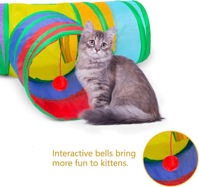Cat Tunnel, Collapsible Tube with 1 Play Ball Kitty Toys, 3 Ways Cat Tunnels for Indoor Cats, Puppy, Kitty, Kitten, Rabbit (Rainbow)