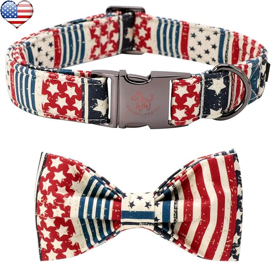 Elegant little tail Independence Dog Collar, July 7th American Flag Bowtie Puppy Collars, Hoiday Pet Collars Cute Pet Bowtie Dog Collar for Large Dogs