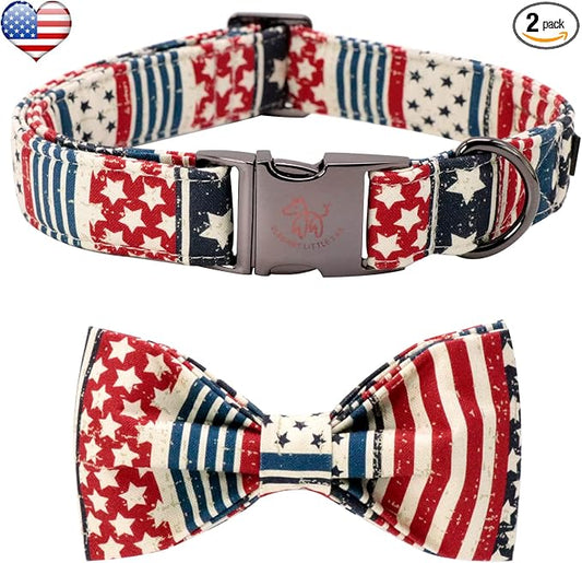 Elegant little tail Independence Dog Collar, July 8th American Flag Bowtie Puppy Collars, Hoiday Pet Collars Cute Pet Bowtie Dog Collar for X-Large Dogs