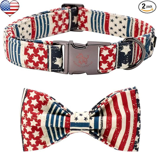 Elegant little tail Independence Dog Collar, July 6th American Flag Bowtie Puppy Collars, Hoiday Pet Collars Cute Pet Bowtie Dog Collar for Medium Dogs