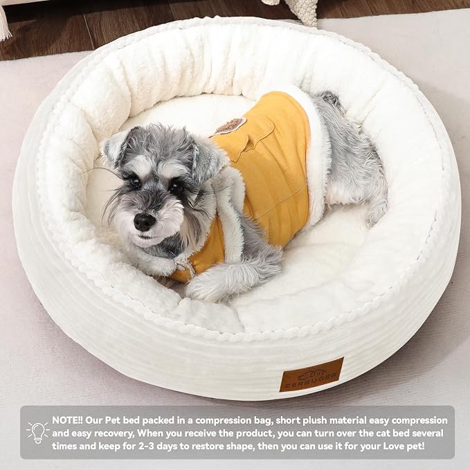 Zerbuger 23in Cream Round Cat Dog Bed Gift for Large Medium Small Dogs Cats, Machine Washable Sleeping Sofa, Non-Slip Bottom Breathable Soft Calming Pet Cuddler for Indoor/Outdoor/Car/Cage