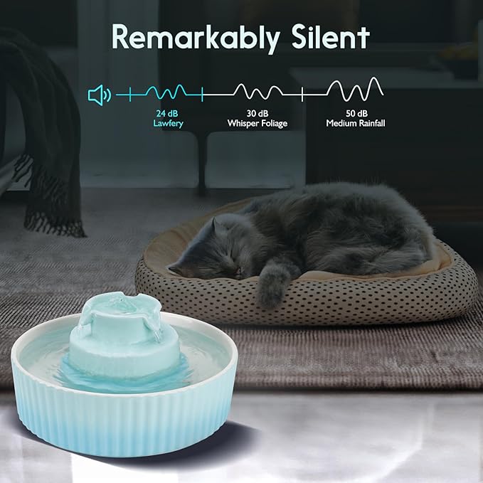 Lawfery Ceramic Cat Water Fountain, 2.1L/71oz Cat Fountain with 3 Carbon Filters and 2 Quiet Pumps, Cupcake Pet Water Dispenser for Cats and Dogs (Light Blue)