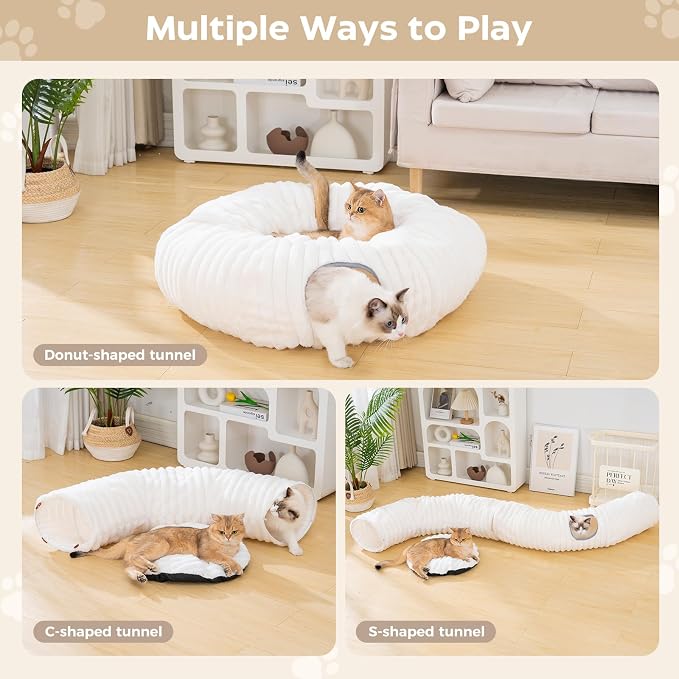 Avont Cat Tunnel Bed for Indoor Cats, Plush Fluffy Kitten Donut Tunnel 3 Shape to Play, Large Kitty Circle Tunnel Under Christmas Tree, Cat Play Toys Gift Ideas -White Short-Pile