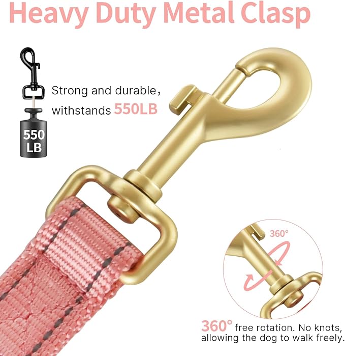 Reflective Dog Leash with Double Handle, Dog Leash 6 FT Long, Supports Medium and Large Dogs, Heavy Duty for Walking, Running, and Training, Pink