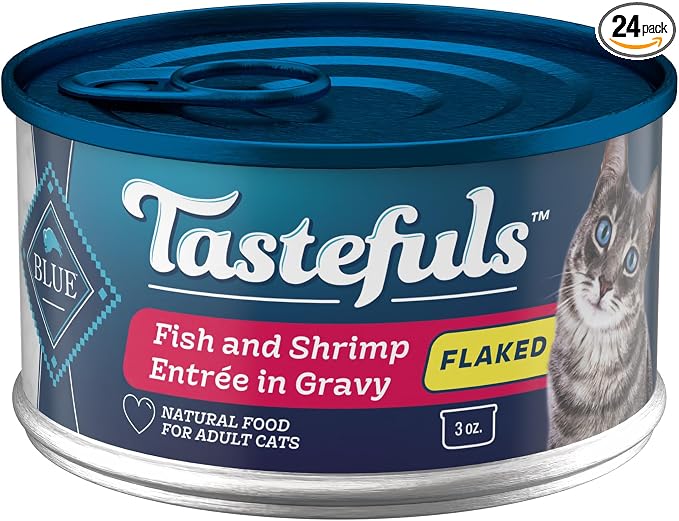 Blue Buffalo Tastefuls Flaked Wet Cat Food, Made with Natural Ingredients, Fish & Shrimp, 3-oz Cans (24 Count)