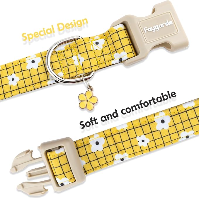 Faygarsle Floral Plaid Pattern Dog Collar, Yellow with White Flowers Summer Spring Design for Small Medium Large Dogs XS