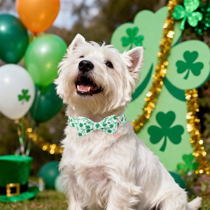 St. Patrick's Day Dog Collar with Bow Tie, Spring Shamrock Bowtie Collar for Girl Boy Dog, Lucky Clover Dog Collar with Metal Buckle, Green Collar for Dogs, XL