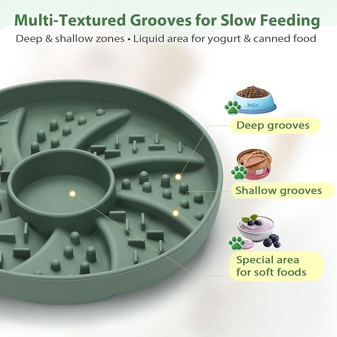 Silicone Dog & Cat Slow Feeder Bowl Lick Mat with Strong Suction Cups, Anti-Spill Design, Multi-Textured, Extend Mealtime, Reduce Anxiety, Dishwasher Safe, All Breeds & Ages (Green)