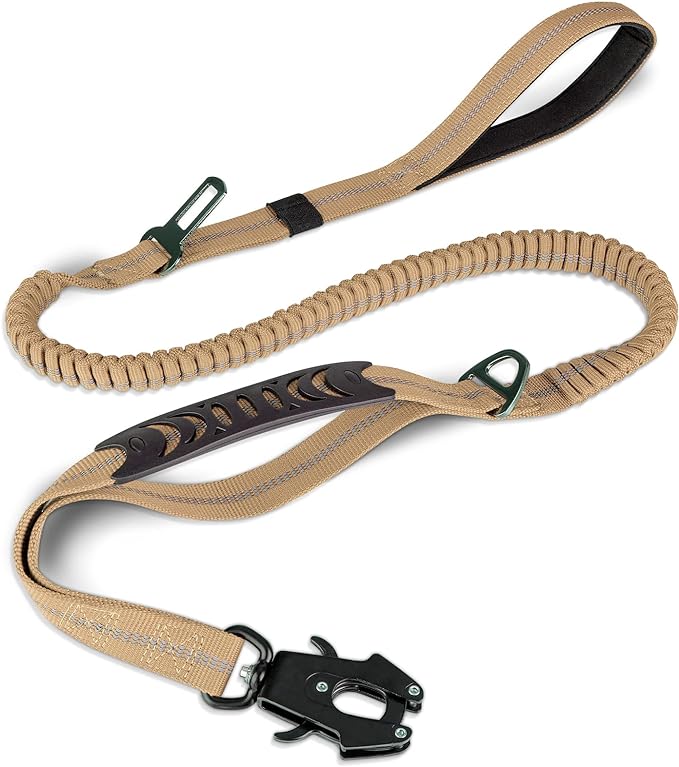 Joytale Tactical Dog Leash Heavy Duty, 4-6FT Shock Absorbing Bungee Lead with 2 Padded Handle, Metal Carabiner Clip, Car Seatbelt, Strong No Pull Leash for Medium Large X-Large Dogs, Coyote Brown