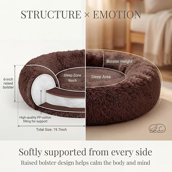 Calming Donut Dogs Beds for Small Dogs Washable,19inch Fluffy Round Puppy Bed for Puppies,Cats & Toy Breeds with Raised Rim,Fits up to 15 lbs Pets,Chocolate Brown