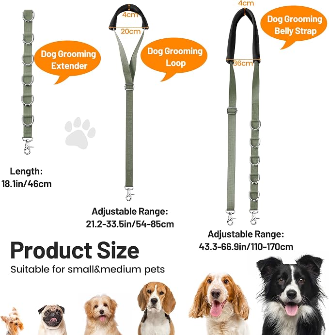 Dog Grooming Belly Strap - Dog Grooming Loops for Table Arm Extender with Clamp Extension Loop Bathing Restraint Leash No Sit Haunch Holder for Small & Medium Dogs Hair Cutting Washing (Army Green)