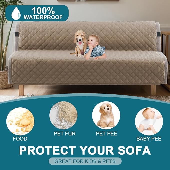 Turquoize 100% Waterproof Futon Cover Futon Slipcover Washable Armless Sofa Bed Slipcover Protector Seat Width Up to 70" with Adjustable Elastic Strap Anti-Slip for Dogs, Taupe