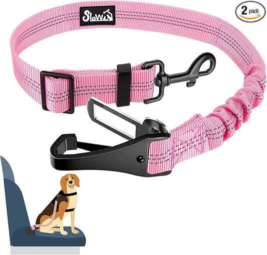 SlowTon Dog Seat Belt, Adjustable Dog Safety Belt Leash, 2 in 1 Latch Bar Attachment Dog Car Seatbelt with Elastic Nylon Bungee Buffer, Reflective Nylon Belt Tether(Pink,35.5in)