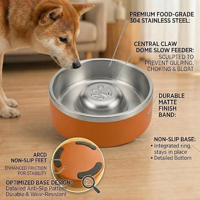Stainless Steel Slow Feeder Dog Bowl, Heavy Duty Thickened Metal Dog Bowl, Non-Slip Base, Dishwasher Safe, Anti Gulping Feeding Bowl for Small to Medium Dogs & Cats, 56 oz, (Orange)