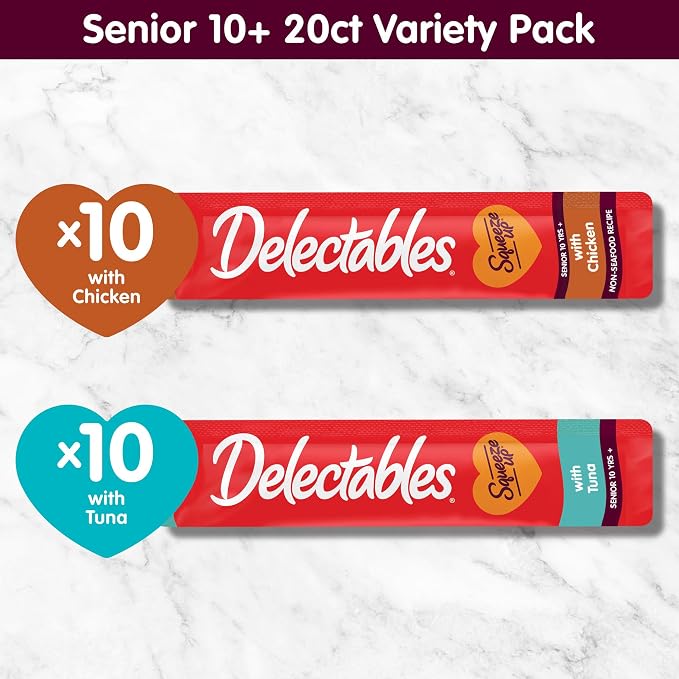 Delectables Squeeze Up Senior 10+ Variety Pack, Creamy Squeezable Puree, Lickable Wet Cat Treats, Grain-Free, No Added Fillers, 0.5 Ounces Tube, 20 Tubes Total