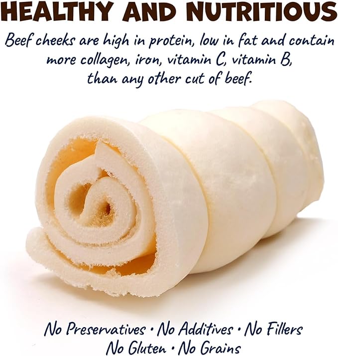 Beef Cheek Rolls for Dogs - Natural & Odor-Free Dog Treats - 5 to 6 Inch Medium Beef Hide Dog Chews - 4 Pack