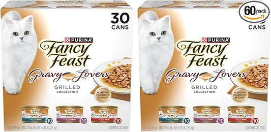 Fancy Feast Purina Gravy Lovers Poultry and Beef Grilled Gourmet Wet Cat Food Variety Pack - 3 oz. Cans,(Pack of 60)