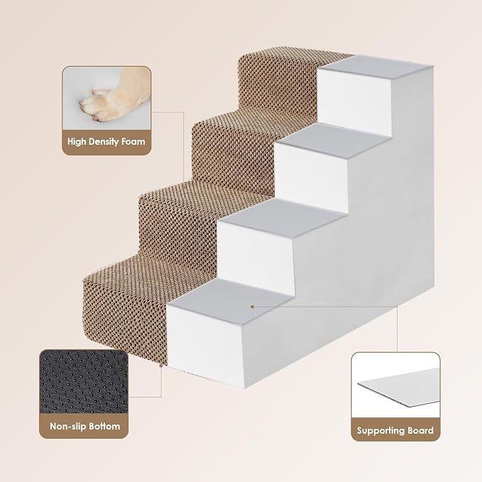 EHEYCIGA Dog Stairs for Bed 18" H, 4-Step Dog Steps for High Bed, Pet Steps for Small Dogs and Cats, Non-Slip Balanced Pet Ramp Indoor, Camel