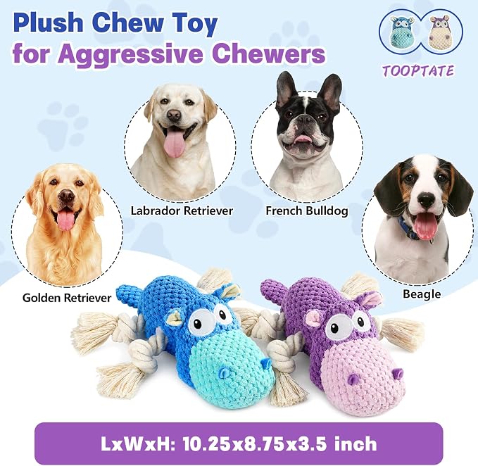 TOOPTATE 2-Pack Squeaky Dog Toys - Plush Dog Toys for Small Medium Large Dogs, Keep Them Busy (Blue & Purple, Medium)