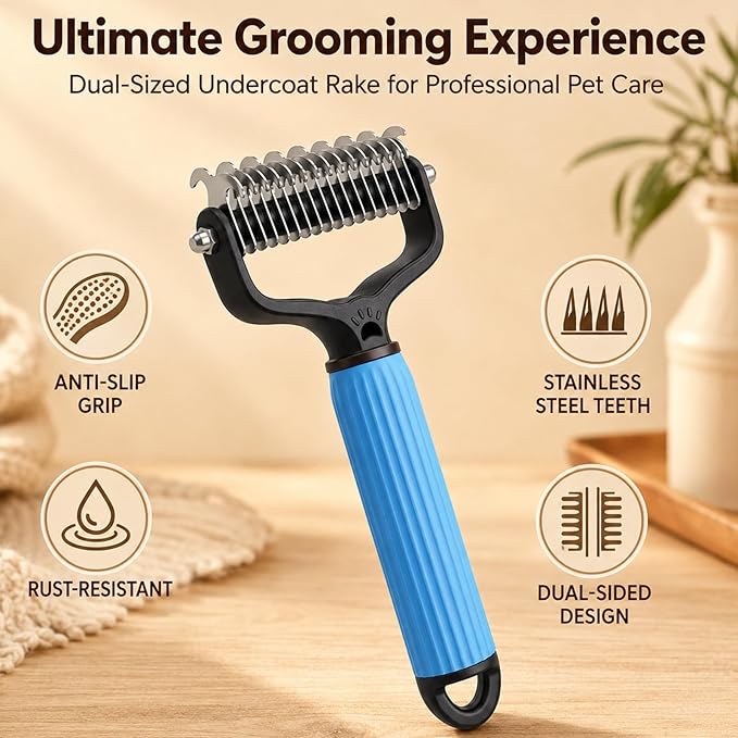 2PCS Pet Pro Grooming Tool, Dematting Comb for Dogs and Cats, Double Sided Undercoat Rake Pet Brush with 17 Teeth, Removes Tangles Knots and Loose Fur (Blue+Pink, Large)