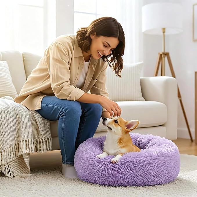 Calming Anti-Anxiety Donuts Dog And Cat Bed, Round Fluffy Soft Washable Small Medium Pet Bed For Puppy And Kitten, Cuddler Warming Comfortable Luxury Anti-Slip Waterproof Mute Base 24in Purple